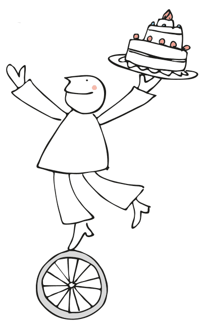 Illustration zeigt eine auf einem Rad ballancierende Person, die eine Torte einhändig hält